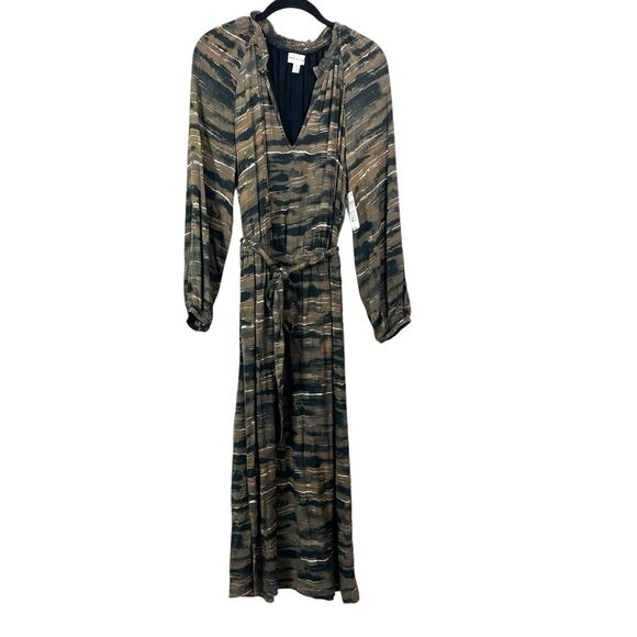 Brand New Cloth & Stone Ruffled V-Neck Animal Print Belted Midi Dress Size M - Picture 2 of 11